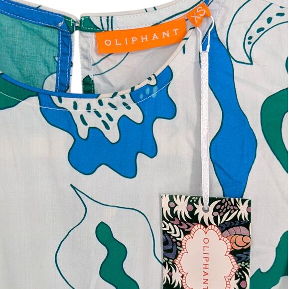 Oliphant Floral Midi Dress Sleeveless Piped Resort XS Blue Green Cotton NWT - Picture 6 of 7